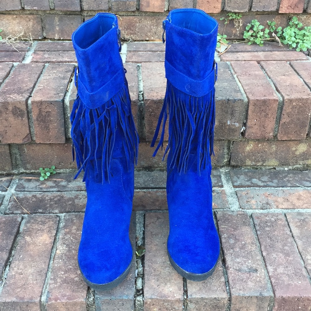 BLUE SUEDE FRINGE TRIM BUCKLE MIDCALF WEDGE BOOTS